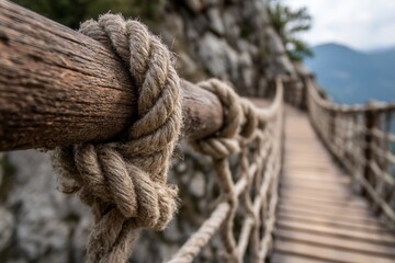 Fototapeta premium Rustic rope tied around wooden post on a scenic suspension bridge in the mountains during early morning