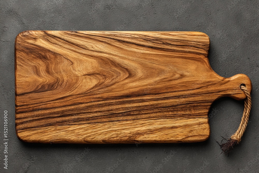 Poster wooden cutting board with unique grain patterns placed on a dark textured surface in a well-lit kitc