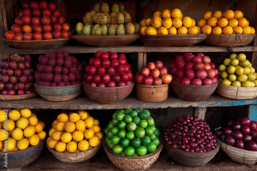 Poster vibrant display of fresh fruits in a market in the afternoon sun with assorted colors and textures
