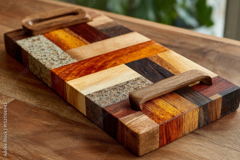 Poster handcrafted wooden serving tray made from various wood types displayed on a wooden table in a bright