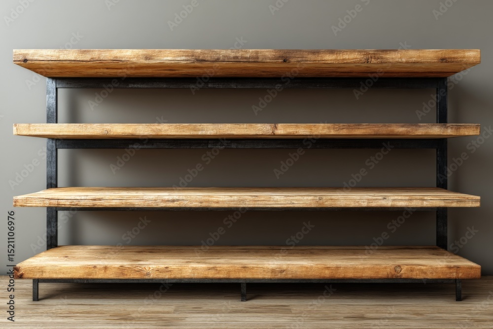 Poster rustic wooden shelving unit with black metal frame in modern interior setting, ideal for various dec
