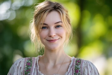 Close-up portrait of a young fair-skinned woman with blonde hair loosely styled, smiling gently. 