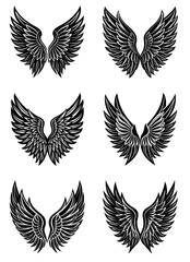 Black Wings Icon Set on White Background. Collection of Bird, Angel, and Flying Wings Silhouettes. Stylized Feathered Wings Logo Design in Vector Format for Graphic and Brand Design Use

