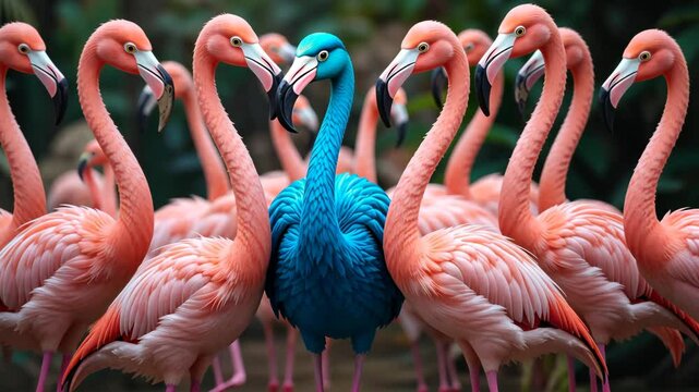 Group of pink flamingos with rare blue flamingo in center against shallow water background. Concept of uniqueness and diversity in nature