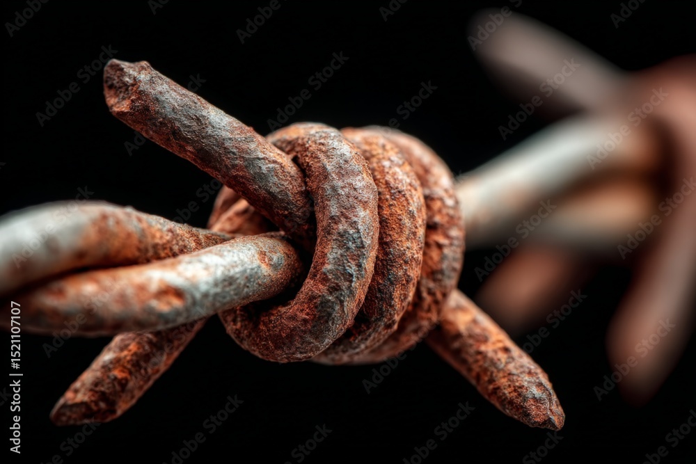 Poster close-up view of rusted barbed wire twisted together under soft lighting against a dark background s