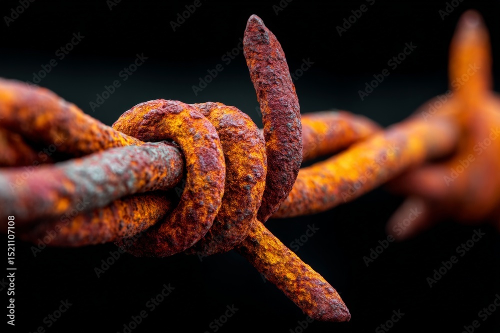 Poster rusty barbed wire close-up showing intricate details and textures in a dark background