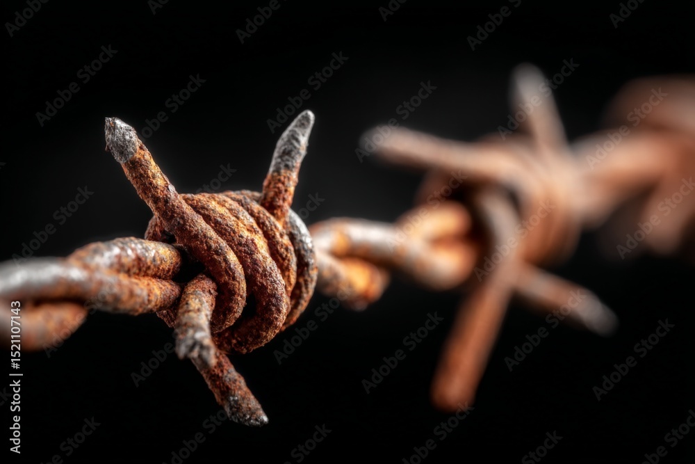 Aufkleber rusty barbed wire close-up against a dark background highlighting texture and age