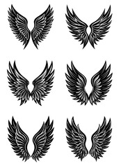 Vector Set of Black Wing Icons on White Background. Feathered Angel Wings, Bird Wings, and Flight Symbols in Simple Silhouette Style. Perfect for Logos, Patches, and Graphic Design

