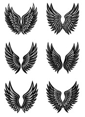 Set of Feathered Wings Icons in Black Silhouette Style. Angel, Bird, and Winged Fantasy Designs for Logo and Badge Use. Clean Vector Illustration on White Background for Branding Projects

