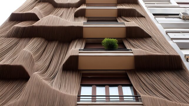 Apartment faade covered in cascading brown yarn, surreal building hairstyle, textile urban art