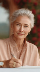 Elegant older woman writing with style. Peaceful moment, natural light, roses background. Ideal for mature lifestyle, wisdom, journal, retirement concepts.