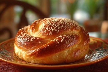 Freshly baked sesame bread on a colorful plate in a cozy cafe setting
