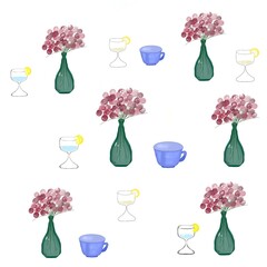 set of flowers, minimal kitchen pattern, seamless pattern food and drink, kitchen art, and a homemade vibe, green vase illustration, rustic interior