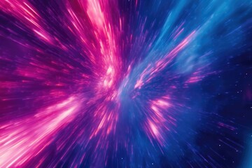 Naklejka premium Hyperspace jump, vibrant pink and blue streaks of light radiating from a central point, cosmic speed and energy.