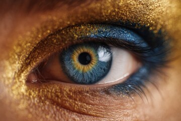 Close-up of eye with intricate, sparkling makeup. Beauty and cosmetics, artistic makeup, creative expression, fashion.