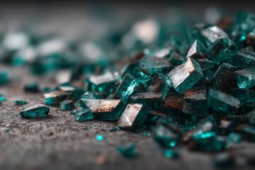 Sparkling turquoise crystals scattered on a textured surface create an enchanting visual display in natural light
