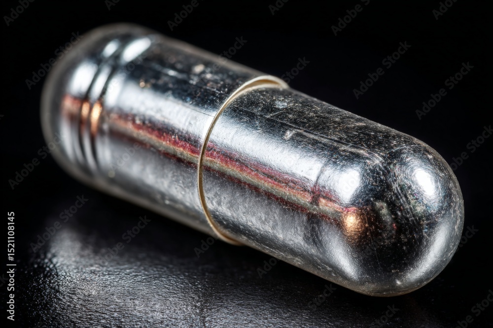 Poster silver capsule with rubber band on dark surface captured in close-up detail at a studio setting