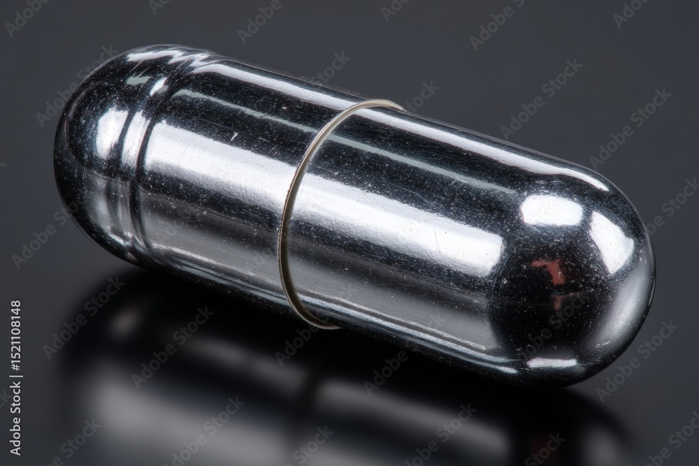 Poster Capsule lying on a dark surface with a rubber band wrapped around it highlighting its shiny metallic surface