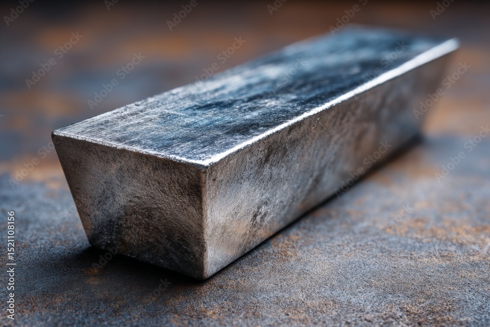 Poster shiny metal bar resting on rustic surface showcasing details of texture and light reflecting at midd