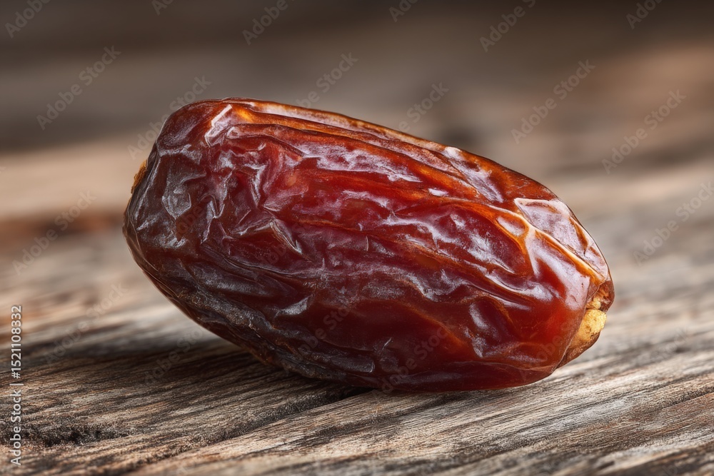 Poster dried date fruit resting on a rustic wooden surface showcasing its rich texture and natural color