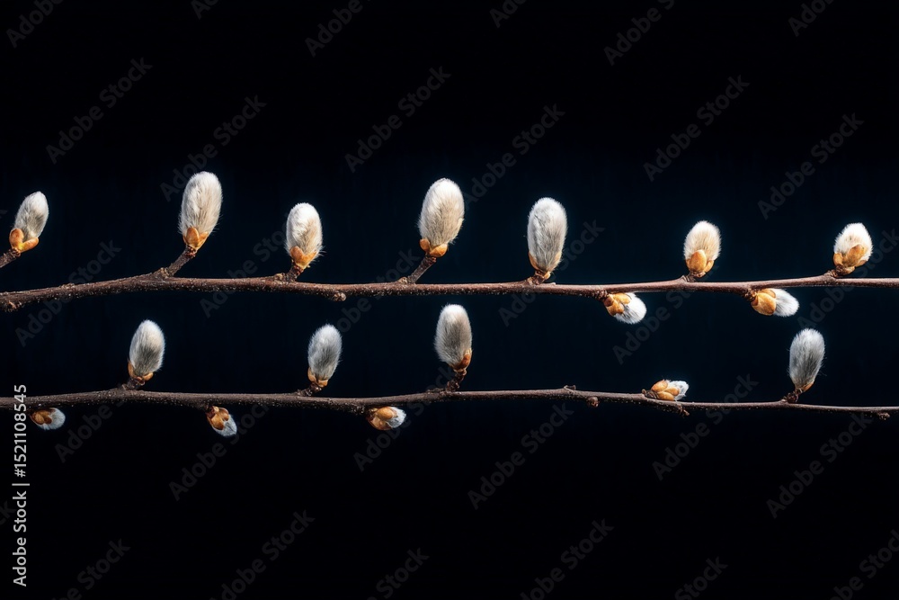Aufkleber soft white catkins emerge from delicate branches against a dark background in early spring