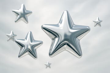 Obraz premium Glossy metallic silver star cluster floating in a soft overcast sky background—ideal for futuristic, patriotic, or minimalist 4th of July designs, celestial themes, digital art concepts, or visuals