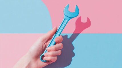 Hand holding a wrench against a colorful background, showcasing tools and creativity.