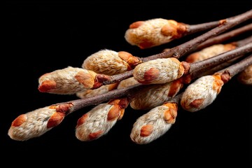Pussy willow catkins close up displaying fuzzy buds against dark background in spring season