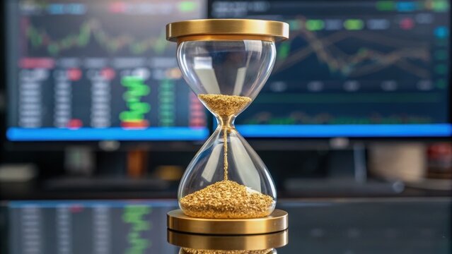 Hourglass against a blurred financial graph background, symbolizing time management in business and investment.