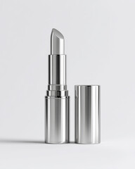Obraz premium Elegant silver lipstick tube with sleek design, showcasing modern aesthetic. shiny surface reflects light beautifully, making it perfect addition to any makeup collection