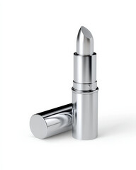 Elegant silver lipstick tube with sleek design, showcasing modern beauty aesthetics. This packshot highlights shiny metallic finish, perfect for cosmetic branding