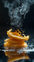 A stack of citrus slices topped with caviar, in mid-air,  surrounded by water splashes and steam.