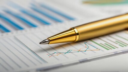 A close-up of a gold pen resting on financial documents with graphs and charts, illustrating a business or financial context.