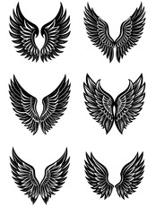 Wings icon collection. Elegant black silhouettes of angel wings, bird wings, and abstract feather shapes. Clean white background. Ideal for design, branding, or tattoos. Vector illustration.

