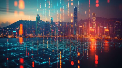 Futuristic city skyline at dusk with digital data streams flowing over a glowing grid, showcasing technology
