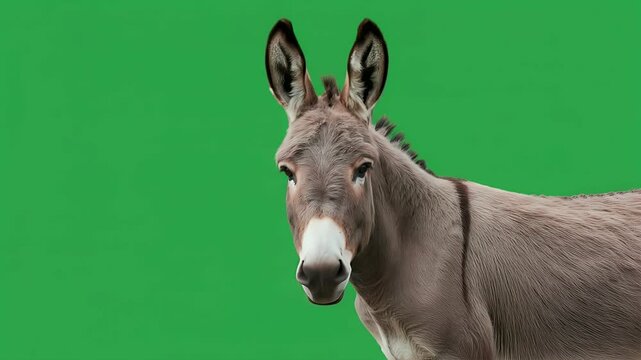 Donkey portrait on green screen, soft gray fur, attentive gaze, studio shot.