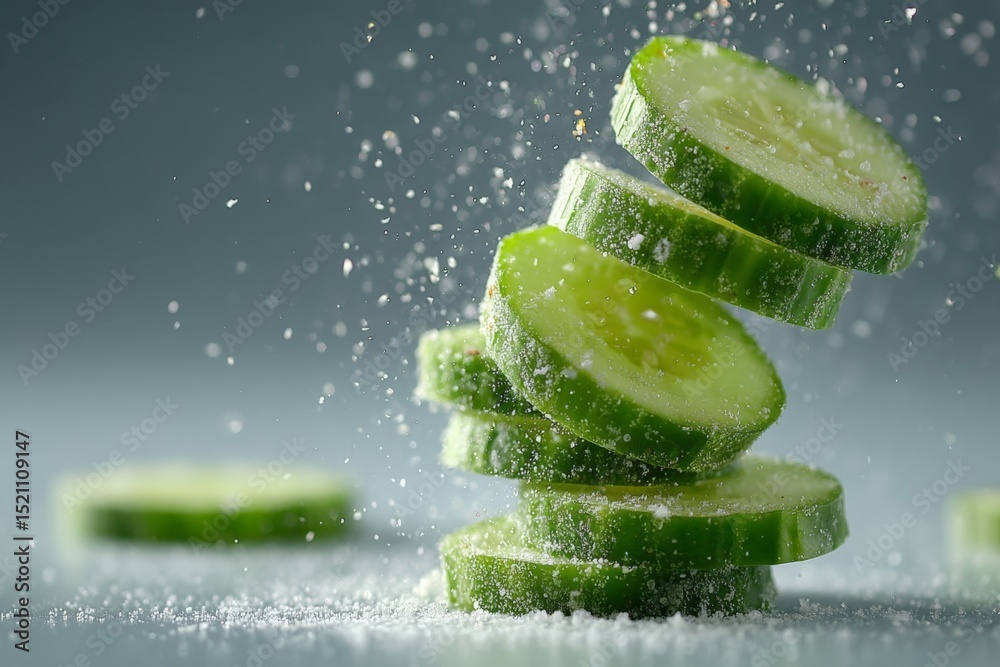 Poster Sliced cucumbers sprinkled with sugar creating a refreshing visual effect in a minimalist setting