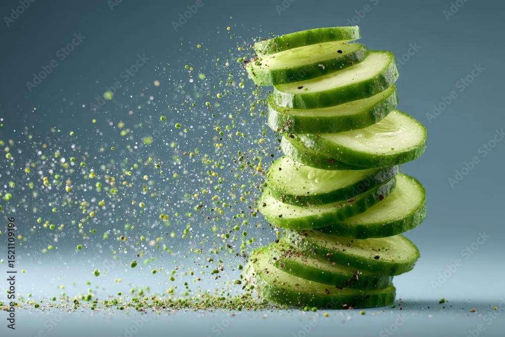 Poster Cucumber slices arranged in vibrant stack with seasoning creating a dynamic effect