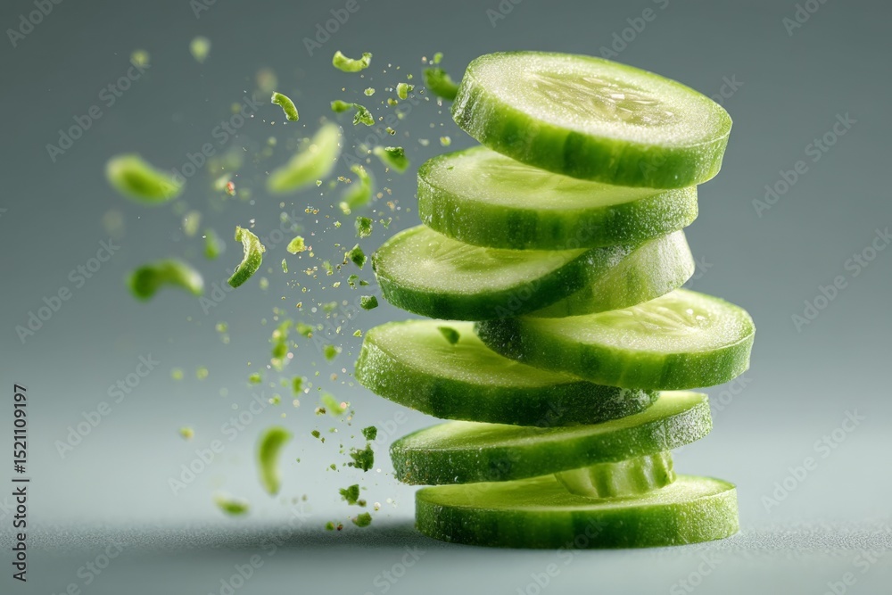 Aufkleber fresh cucumber slices stack with vibrant green particles floating in mid-air