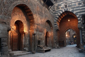 Fototapeta premium Historic architecture showcases intricate carvings in a charming illuminated alleyway at dusk in Cairo