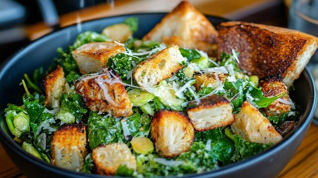 Fresh caesar salad with crispy croutons and parmesan in motion