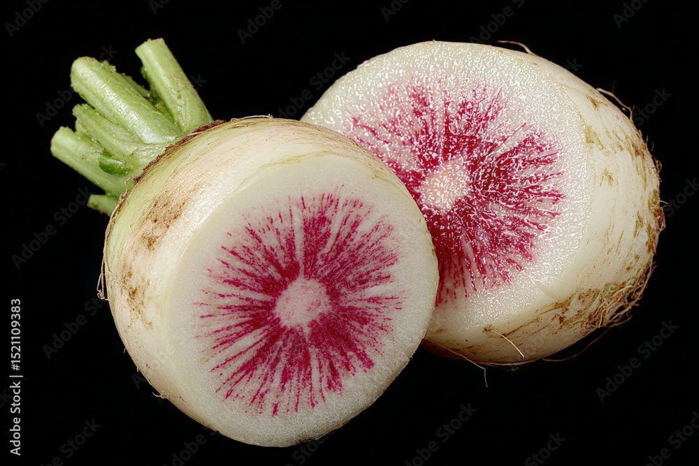Poster Vibrant radish slices showcase striking patterns and colors in a close-up composition against a dark background