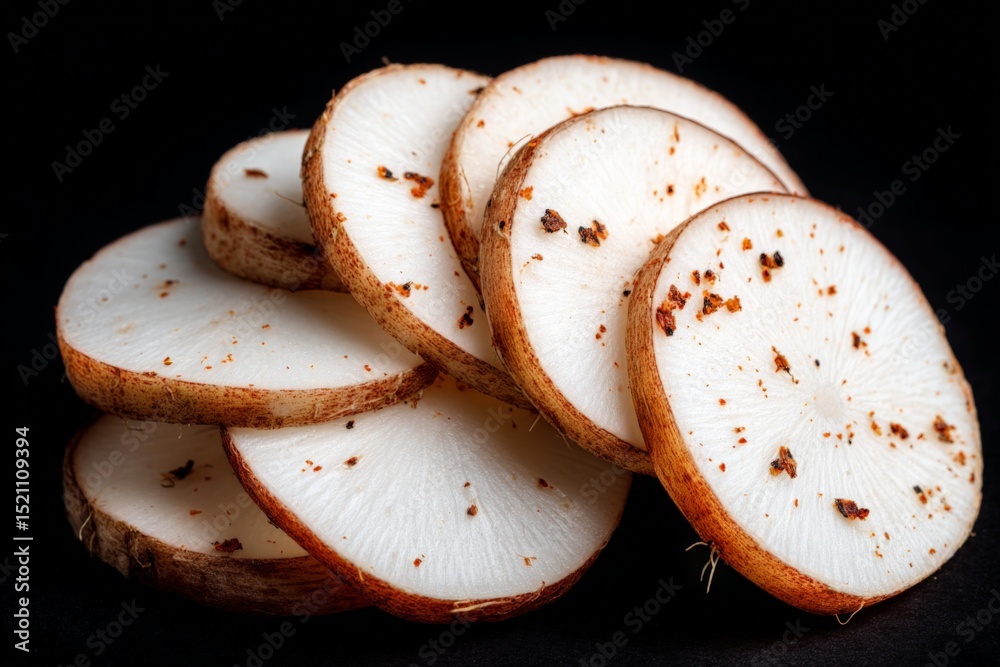Poster Sliced radish root showcasing textures and unique speckles on a dark background