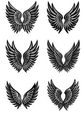 Black wings icon set. Bird wings, angel wings, and feather silhouettes for logo design or tattoo art. Stylish set isolated on white background. High-quality flat vector illustration.

