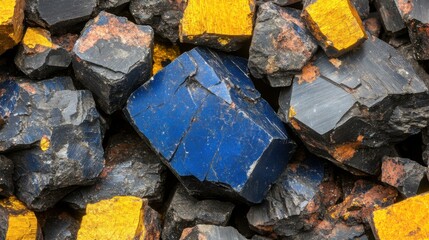 Close-up view of vibrant mineral rocks featuring blue and yellow hues, showcasing natural textures