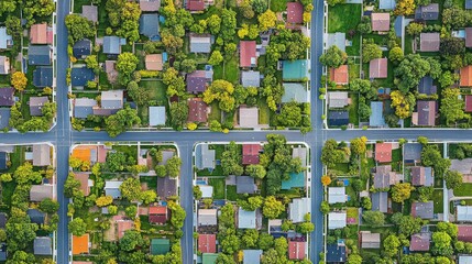 Aerial view of a suburban neighborhood showcasing colorful houses surrounded by lush greenery