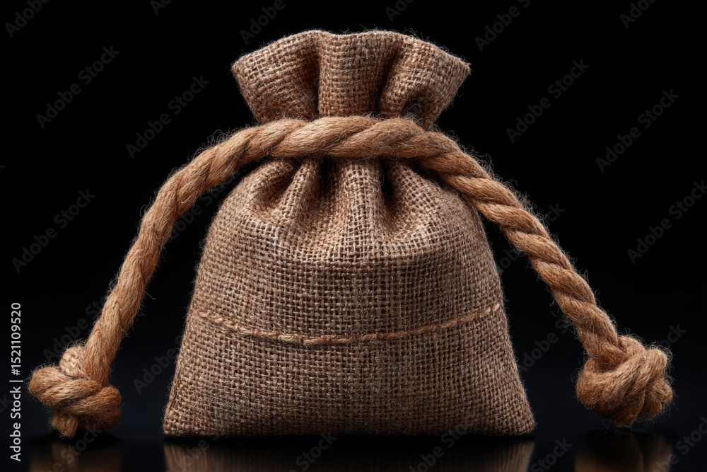 Poster brown burlap sack tied with rope on a black background showcasing its texture and rustic appeal