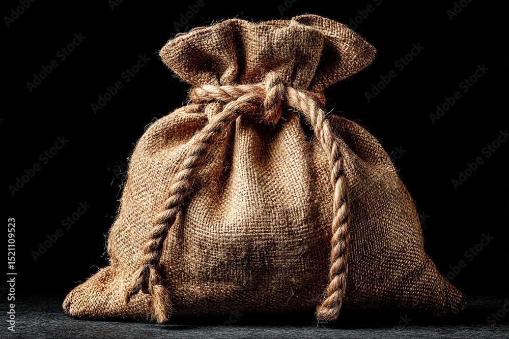Poster textured burlap sack tied with rope on a dark background, showcasing craftsmanship and simplicity