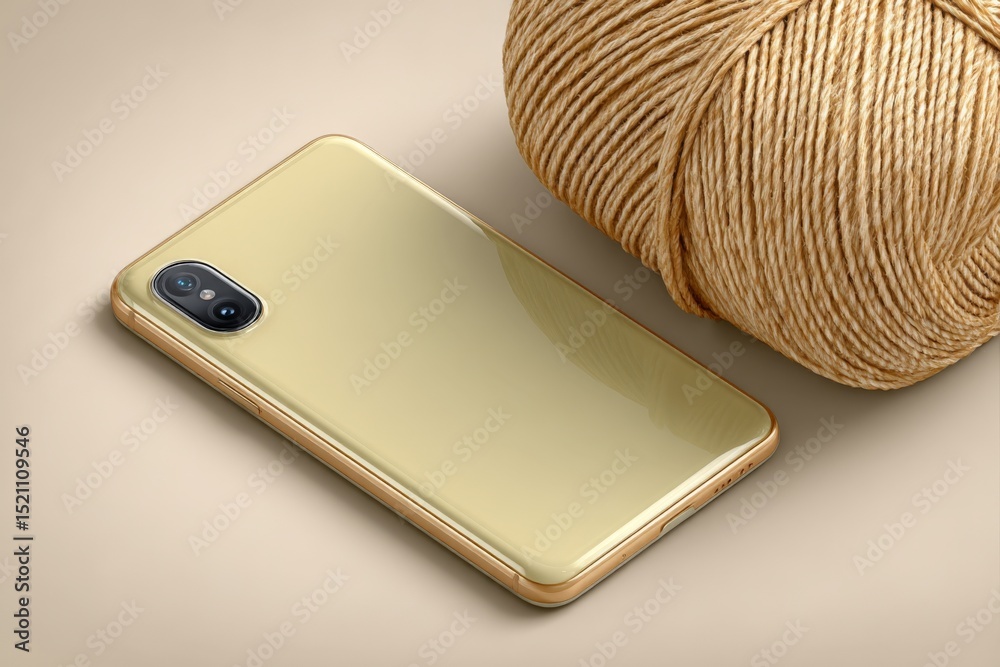 Poster modern smartphone resting beside a ball of yarn on a neutral background showcasing sleek design and 