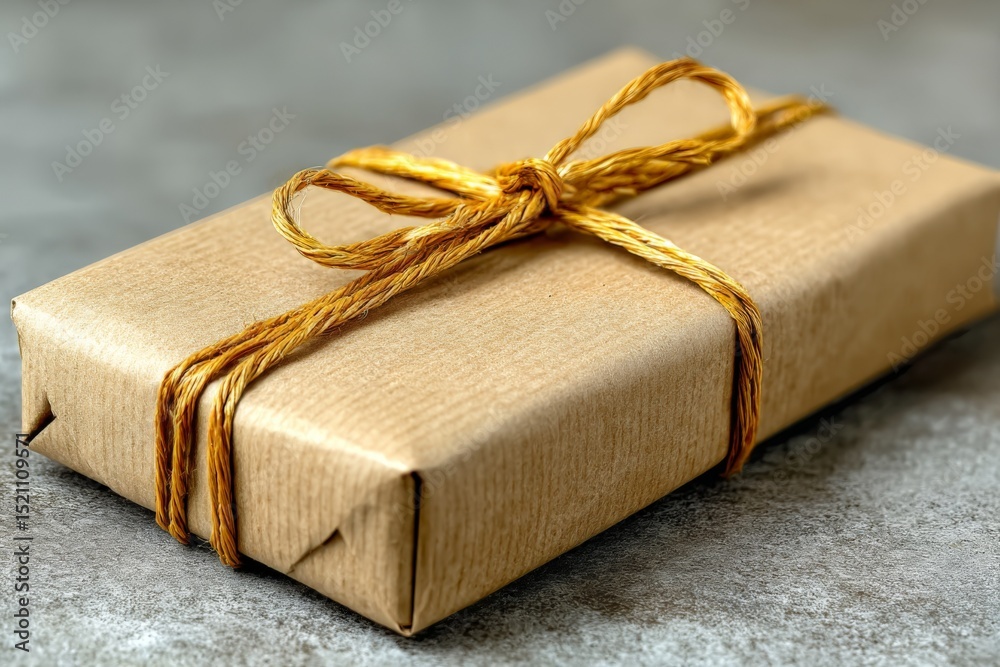 Poster gift wrapped in brown paper with twine displayed on a textured surface